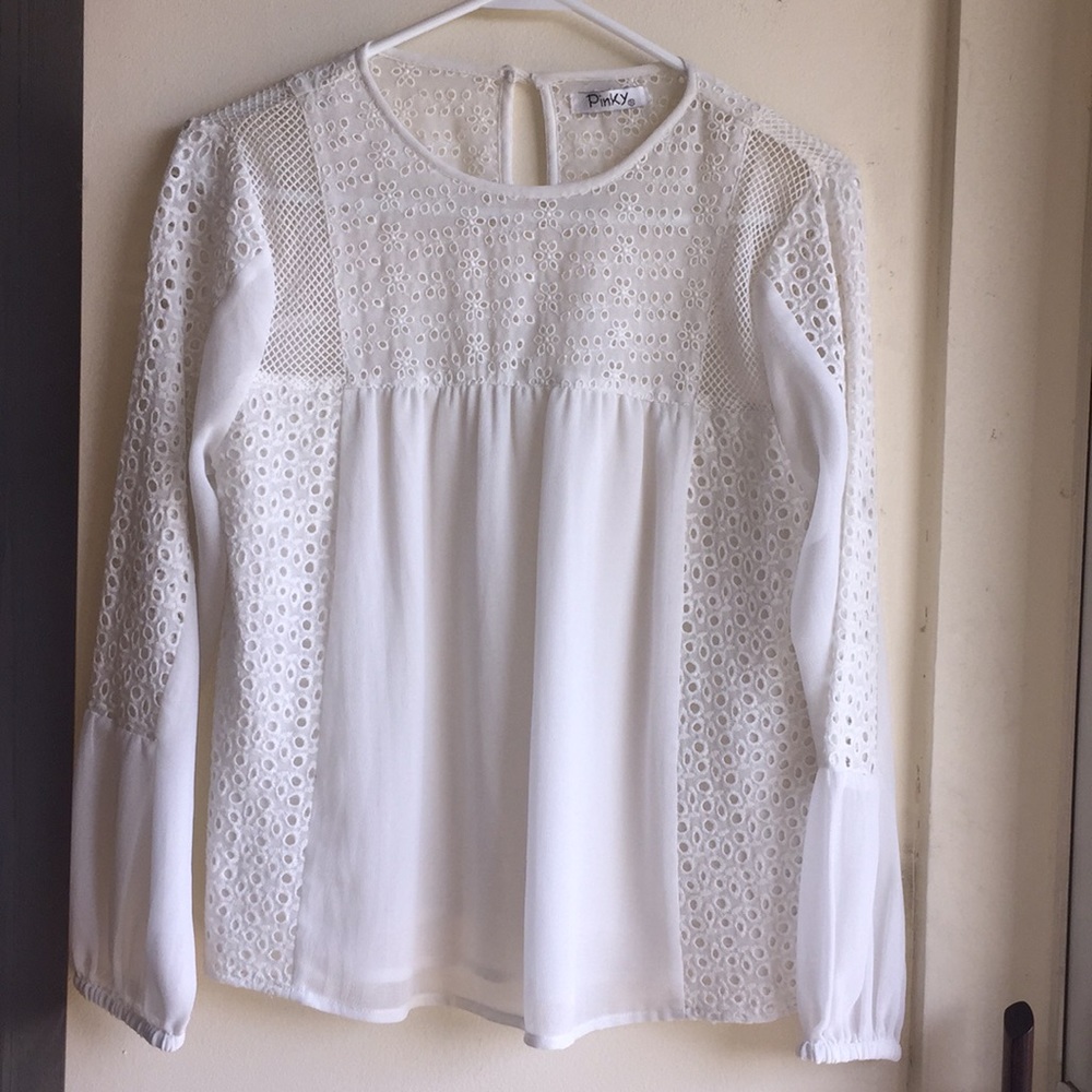 Pinky S polyester long slv blouse with lace trim